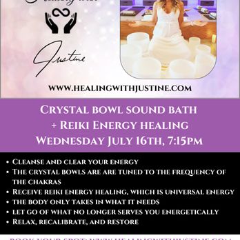 Healing with Justine - Crystal Bowl Sound Bath + Reiki event 7/16/25 - Reiki Near Me Healing with Justine - Crystal Bowl Sound Bath + Reiki event 7/16/25 - Reiki Near Me