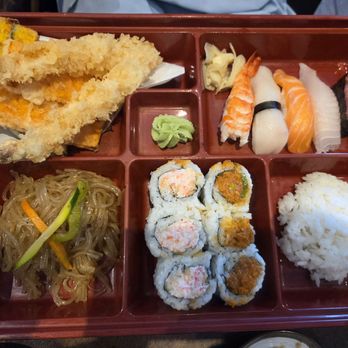 Gal's Sushi - L6. SUSHI, TEMPURA BOX sushi 5pcs & roll 6pcs & tempura $17.99 - A bento box contains tempura, assorted sushi, noodles with vegetables, and a portion of rice, with wasabi and pickled ginger. - Sushi Bars Near Me - Markham, Ontario
