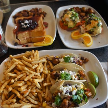 Dairy Lane Café - Stuffed French toast ($13.50), eggs benedict ($15.00) and marinated prawn tacos ($15.00) - Breakfast & Brunch Near Me - Calgary, Alberta