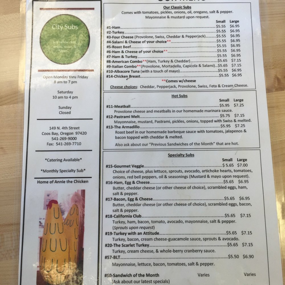 City Subs - The menu - Delis Near Me - Coos Bay, Oregon