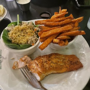 Bantam And Biddy - Sauteed Salmon Filet, Organic Quinoa & Spinach Salad, Sweet Potato Fries - Breakfast & Brunch Near Me - Atlanta, Georgia Bantam And Biddy - Sauteed Salmon Filet, Organic Quinoa & Spinach Salad, Sweet Potato Fries - Breakfast & Brunch Near Me - Atlanta, Georgia