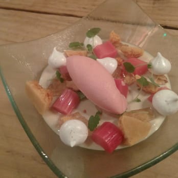 The Hand and Flowers - Tonka bean panna cotta with poached rhubarb, ginger wine jelly and rhubarb sorbet. £9.50 - British Near Me - Marlow, BKM