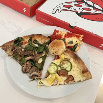 Hello Pizza - Make your own (sausage, spinach, & mushrooms), Sicilian Pan Pizza (cut slice), Hawaiian pizza, and garlic knot. - Pizza Near Me - Edina, Minnesota Hello Pizza - Make your own (sausage, spinach, & mushrooms), Sicilian Pan Pizza (cut slice), Hawaiian pizza, and garlic knot. - Pizza Near Me - Edina, Minnesota