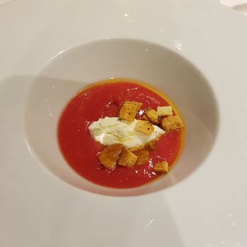 La Capinera - Tomato "gazpacho" amuse bouche with ricotta and croutons - Italian Near Me - Taormina, Maine