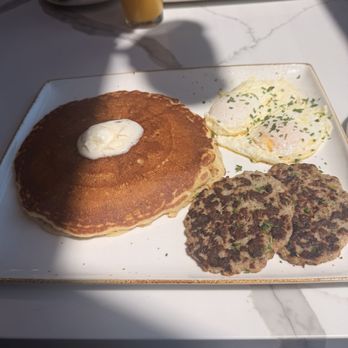 First Watch - The trifecta with pancake and side of grits and the apple sausage patties. - Breakfast & Brunch Near Me - Norfolk, Virginia