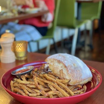 Cocorico - Lamb Burger (Umpqua Valley lamb, bleu cheese, carmelized onions on ciabatta) served with Truffle Fries - Cocktail Bars Near Me - Ashland, Oregon Cocorico - Lamb Burger (Umpqua Valley lamb, bleu cheese, carmelized onions on ciabatta) served with Truffle Fries - Cocktail Bars Near Me - Ashland, Oregon