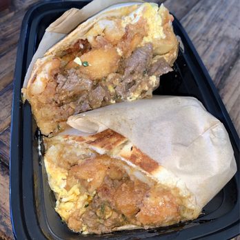 Eggbred - Chili Con Carne Burrito: Ribeye asada, scratch chorizo chili, soft scrambled eggs, beer battered potatoes, cheddar jack - Breakfast & Brunch Near Me - La Habra, California