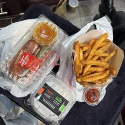 Nem cuốn (pork spring rolls) , fries (cay), bánh bao (steamed bun)