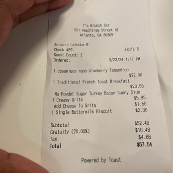 T's Brunch Bar - Reciept - Breakfast & Brunch Near Me - Atlanta, Georgia