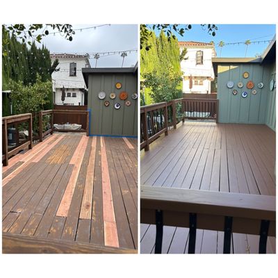 Repair and painting Deck - Provided comprehensive deck repair and painting services to restore its appearance and structural integrity. The project involved repairing damaged or worn-out boards, securing loose railings, and addressing any structural issues to ensure the deck’s safety and durability. After repairs, the entire deck surface was thoroughly cleaned and prepped, followed by applying a high-quality, weather-resistant paint to protect against outdoor elements. The final result is a refreshed, sturdy, and aesthetically pleasing deck that enhances the outdoor space’s overall look and functionality. Repair and painting Deck - Provided comprehensive deck repair and painting services to restore its appearance and structural integrity. The project involved repairing damaged or worn-out boards, securing loose railings, and addressing any structural issues to ensure the deck’s safety and durability. After repairs, the entire deck surface was thoroughly cleaned and prepped, followed by applying a high-quality, weather-resistant paint to protect against outdoor elements. The final result is a refreshed, sturdy, and aesthetically pleasing deck that enhances the outdoor space’s overall look and functionality.