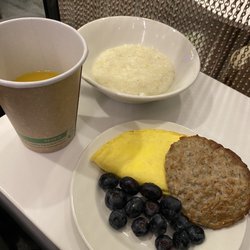 Delta Sky Club - Hot breakfast. Sausage, omelette, Grits.