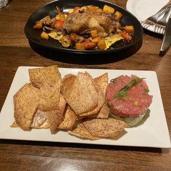 ROUX - Duck confit with mushroom ravioli and tuna tartare with taro chips - Tapas/Small Plates Near Me - Carmel Valley, California