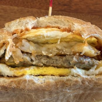 Perfect Blend - BC Eagle sandwich: eggs, sausage patty, hash browns, cheddar cheese and hot sauce on a roll. Very good. - Bakeries Near Me - Delmar, New York