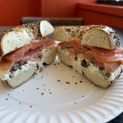 City Bagel Cafe - Sliced Lox on everything bagel (Vegetable Cream cheese/Tomato/Caper)