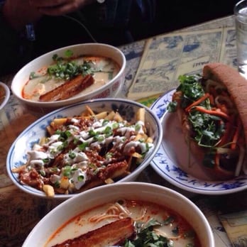 Double Dragon - The Korean fries in the middle, 2 ramens, and banh mi. Get the pork belly banh mi! - Sandwiches Near Me - Portland, Oregon Double Dragon - The Korean fries in the middle, 2 ramens, and banh mi. Get the pork belly banh mi! - Sandwiches Near Me - Portland, Oregon