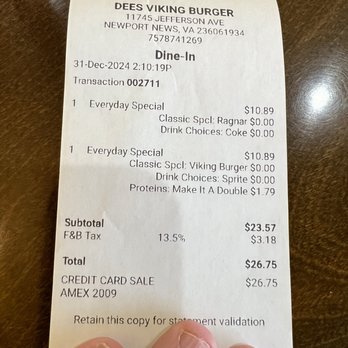 Viking Burger - Our meal receipt. Not bad at all for two folks and a really good meal. - Burgers Near Me - Newport News, Virginia Viking Burger - Our meal receipt. Not bad at all for two folks and a really good meal. - Burgers Near Me - Newport News, Virginia