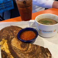 Rainbow Bistro - Spicy cheesy pimento panini on Marble rye.    With homemade German potato soup.  Dipping sauce is handcrafted curry catchup.   Yummy