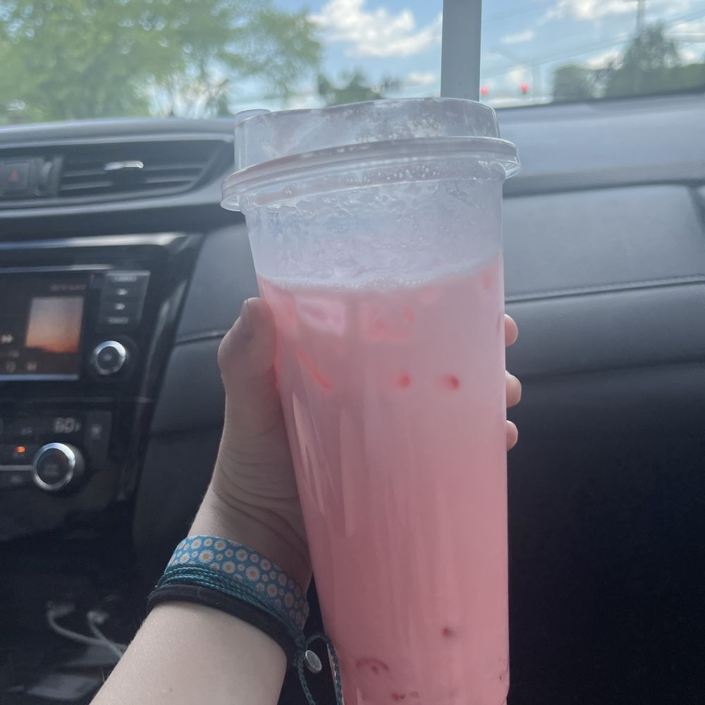 Strawberry milk tea with crystal boba. Strawberry milk tea with crystal boba.