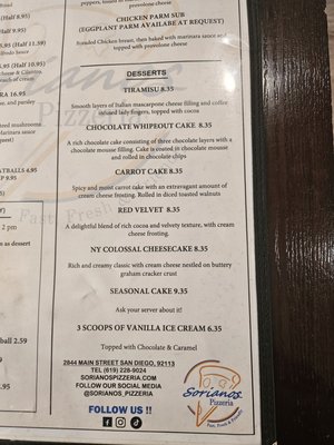 Menu photo 1 Sorianos Pizzeria San Diego, CA Menu photo 1 Sorianos Pizzeria San Diego, CA