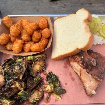 Blue Oak BBQ - Smoked chicken, tater tots and Brussels sprouts - Barbeque Near Me - New Orleans, Louisiana