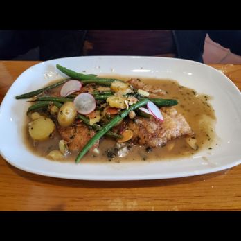 Monti's - Sole Almondine French Green Beans, Fingerling Potatoes, Radish, Caper-Brown Butter Vinaigrette - Mediterranean Near Me - Santa Rosa, California Monti's - Sole Almondine French Green Beans, Fingerling Potatoes, Radish, Caper-Brown Butter Vinaigrette - Mediterranean Near Me - Santa Rosa, California