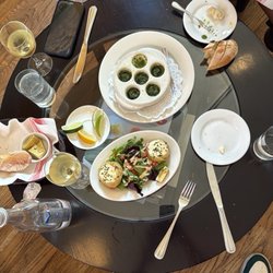 Escargots, bread and artichokes.