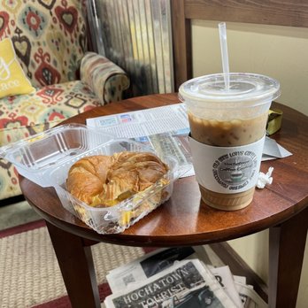 Hochatown Coffee Central - Ham egg and cheese croissant, cold-brew with cream and toffee syrup - Coffee & Tea Near Me - Broken Bow, Oklahoma