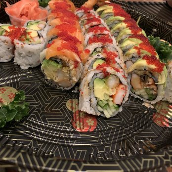 Sushi Blue - California, red dragon, dynamite, caterpillar, spicy salmon (left to right) - Japanese Near Me - Aurora, Ontario