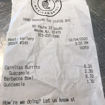Chipotle Mexican Grill - I got charge twice for guacamole. Check your receipt before you leave. - Mexican Near Me - Wayne, New Jersey Chipotle Mexican Grill - I got charge twice for guacamole. Check your receipt before you leave. - Mexican Near Me - Wayne, New Jersey