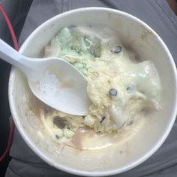 a bowl of ice cream with a spoon in it