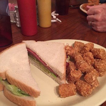 Fleig's Cafe - Fried bologna on white bread with tater tots. You know what, it was really good!! - Cafes Near Me - Ferdinand, Indiana
