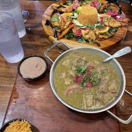 Chile verde, rice and beans. Not sure of the shrimp plate, but it was delicious. Chile verde, rice and beans. Not sure of the shrimp plate, but it was delicious.