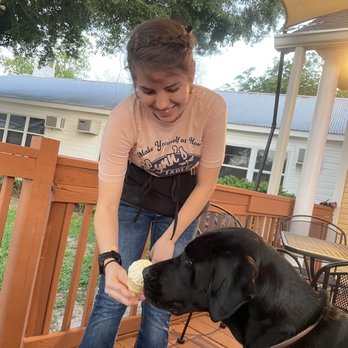 Lynn's Table - Lovely lady spoiling our Great Dane/ lab Corey with a pupichino on the patio - American Near Me - Spring, Texas Lynn's Table - Lovely lady spoiling our Great Dane/ lab Corey with a pupichino on the patio - American Near Me - Spring, Texas