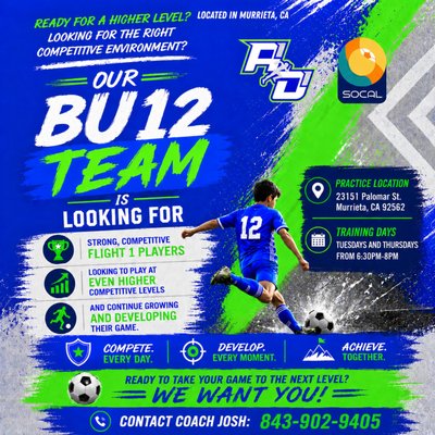 BU12+ TEAMS AND GU12+ TEAMS ⚽️ - At A1 Since Day1 FC in Murrieta, CA, we’re building something different, a player-driven program built on real development, high standards, and a strong team culture.
We train with purpose. We play with passion. We grow with intention.
Now’s your chance to join us. Open Practice Invitation. Come experience the difference.
