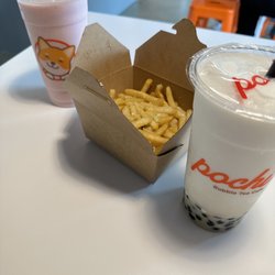 Pochi Bubble Tea Cafe - Strawberry coconut creamy shake, garlic fries, lychee creamy shake with boba (left to right)