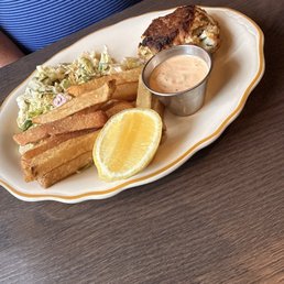 Jumbo crab cake with fries and salad
