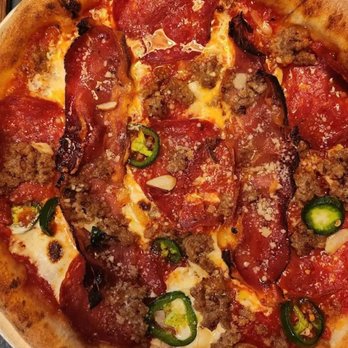 Milkflower - Local 82 Tomato, sausage, speck, spicy soppresatta, garlic, jalapeño, Grana - Pizza Near Me - Astoria, New York Milkflower - Local 82 Tomato, sausage, speck, spicy soppresatta, garlic, jalapeño, Grana - Pizza Near Me - Astoria, New York