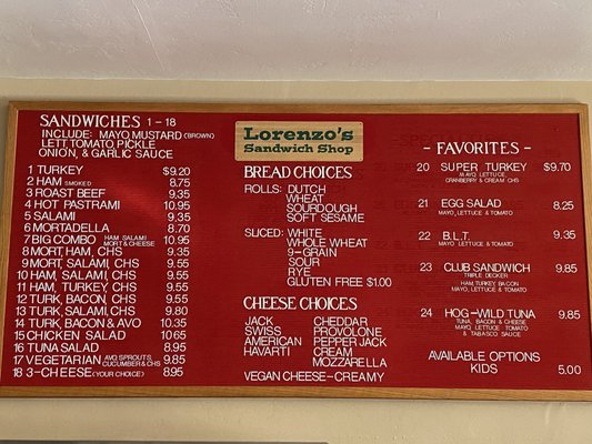 Menu photo 2 Lorenzo's Sandwich Shop Belmont, CA