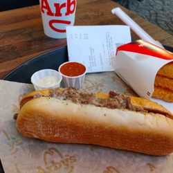 Arby's - The Angus Cheesesteak, 3-Piece Potato Cake, Horsey & 3 Spicy Pepper Sauce