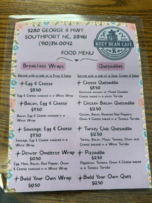 Menu photo 1 The Kozy Bean Cafe Southport, NC Menu photo 1 The Kozy Bean Cafe Southport, NC