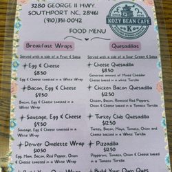 The Kozy Bean Cafe - Breakfast menu