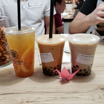 Boba Tree - Grapefruit tea, Thai milk tea, classic milk tea ft. crane origami from the decorative display case at our table - Coffee & Tea Near Me - Mesa, Arizona