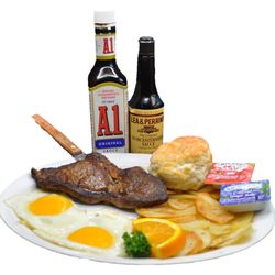 Howie's Diner - Trucker Breakfast: 
8 ounce sirloin steak, served with two eggs, hashbrowns or home fries and your choice of toast or a biscuit