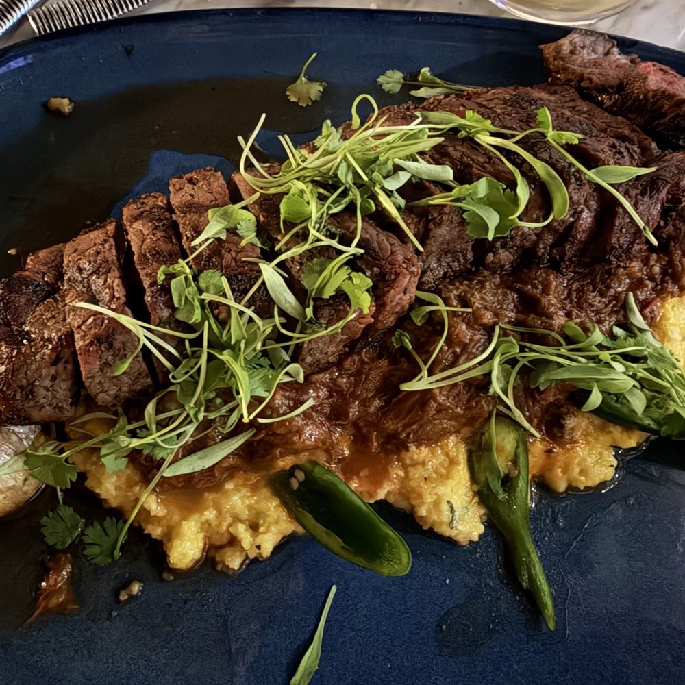 Quince Riverside - NY strip with brisket and polenta. - Desserts Near Me - Fort Worth, Texas