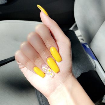 Lynn's Nails - Yellow coffin nails + flower design. Only $27 - Nail Salons Near Me - La Puente, California