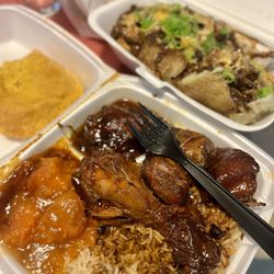 Love Bird Restaurant - Brown Stew Chicken Jerk Chicken Baked Potato Beef Patties