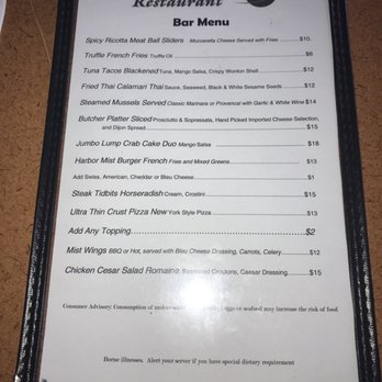 Harbor Mist - Bar menu. - Seafood Near Me - Cold Spring Harbor, New York