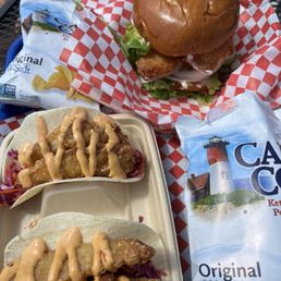 Fish tacos and big shark bite (cod) sandwich. Yum