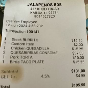 Jalapenos 808 - Steak burrito + custom item? Chicken quesadilla Quesabirria consome Pork torta birria taco plate - Mexican Near Me - Kailua, Hawaii Jalapenos 808 - Steak burrito + custom item? Chicken quesadilla Quesabirria consome Pork torta birria taco plate - Mexican Near Me - Kailua, Hawaii