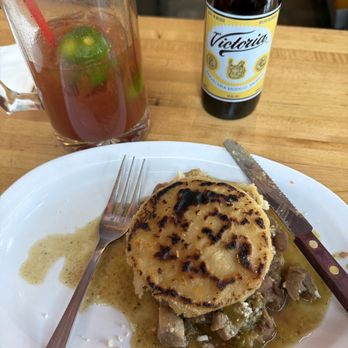 Antonio's Mexican Grill - Chile Verde / Green Salsa & Pork Gordita with a refreshing Victoria michelada. - Mexican Near Me - Reno, Nevada
